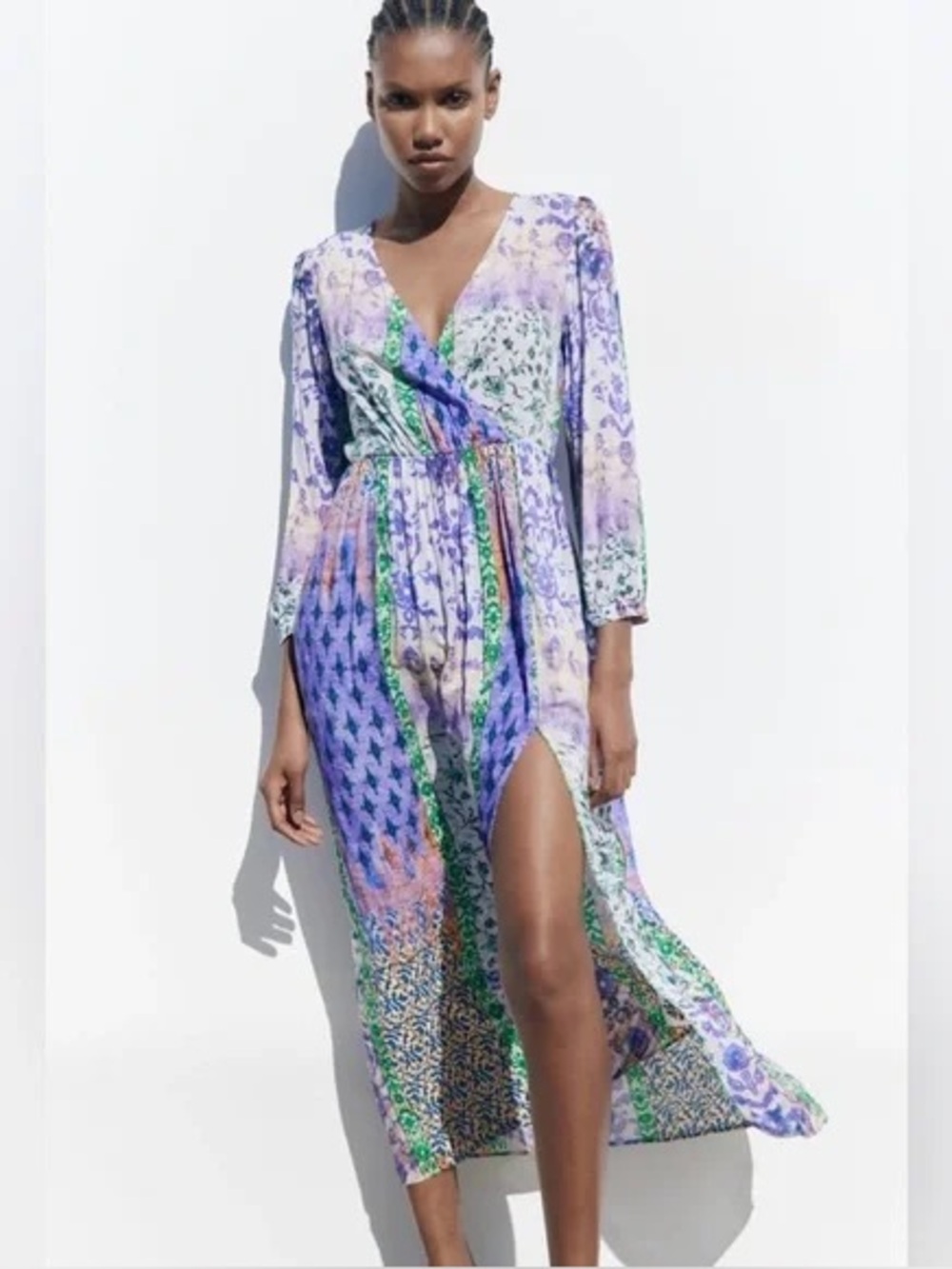 Zara Floral Patchwork Printed V-Neck Maxi Dress Size L